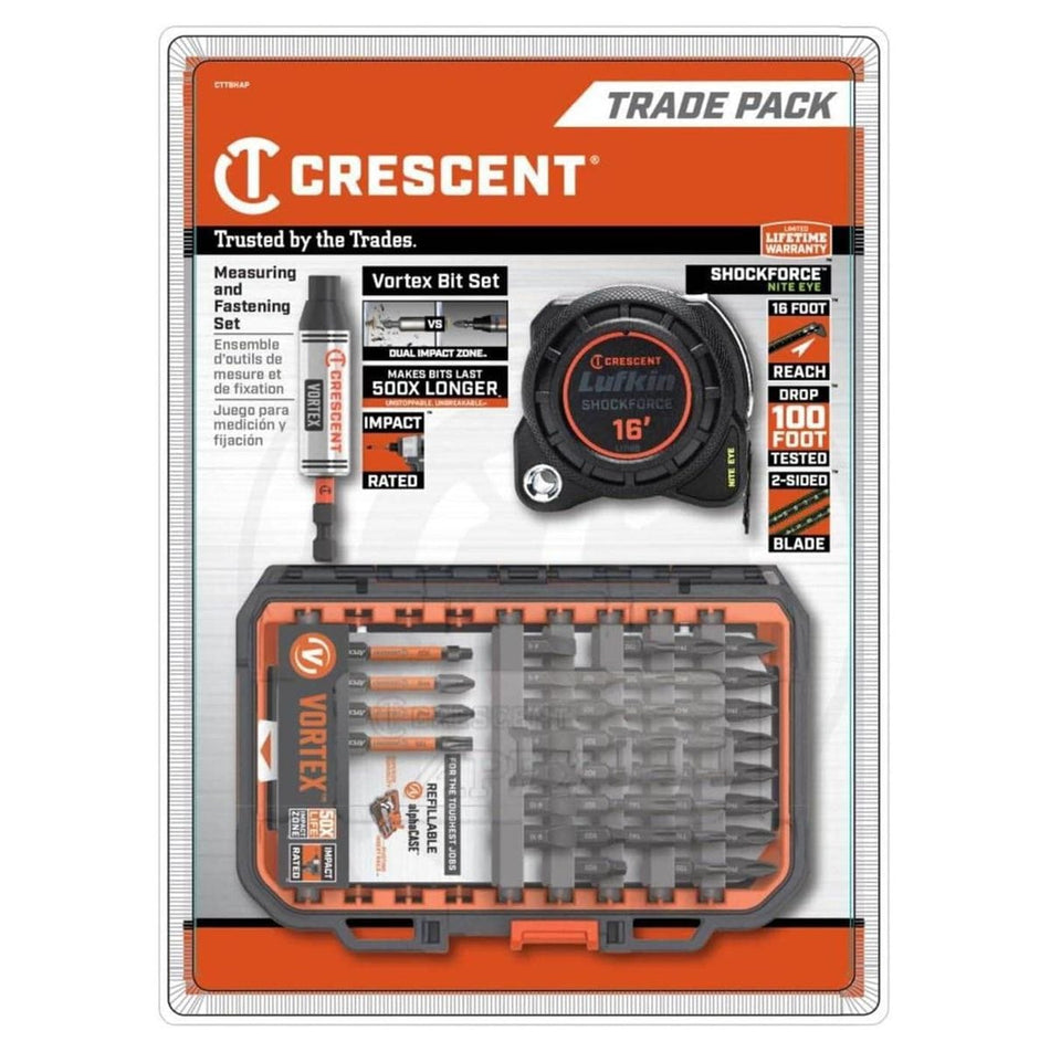 Retail packaging for the Crescent CTTBHAP 41-piece Vortex drill bit and 16-foot Shockforce Nite Eye tape measure pro kit.