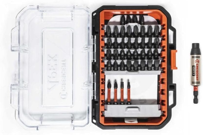 Top down view of the open AlphaCase from the Crescent CTTBHAP pro kit displaying the 41-piece high-speed steel Vortex drill bit set alongside the impact-rated bit holder.