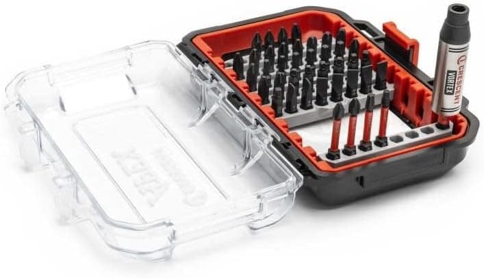 Angled open view of the rugged storage case for the Crescent 41-piece Vortex BH drill bit set with the quick-release taper point bit holder resting upright in its custom slot.