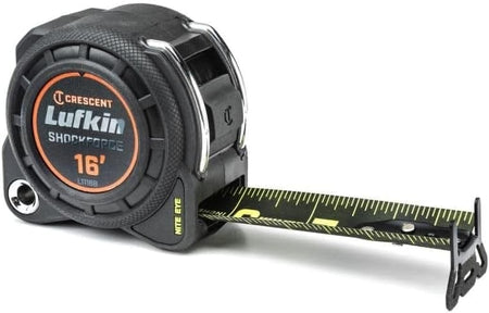 Angled front view of the Crescent Lufkin Shockforce Nite Eye 16-foot tape measure highlighting the protective black casing and dual-sided high-contrast extended blade.