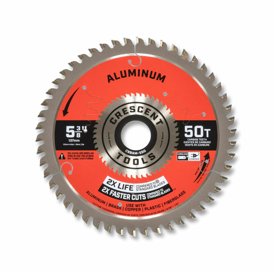 A studio image of the Crescent CSBAM-550 5-3/8 inch 50-tooth aluminum cutting circular saw blade.