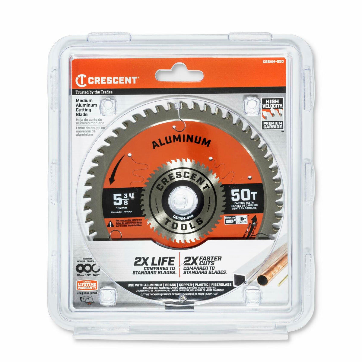 The Crescent 5-3/8 inch aluminum cutting blade shown in its clear retail packaging.