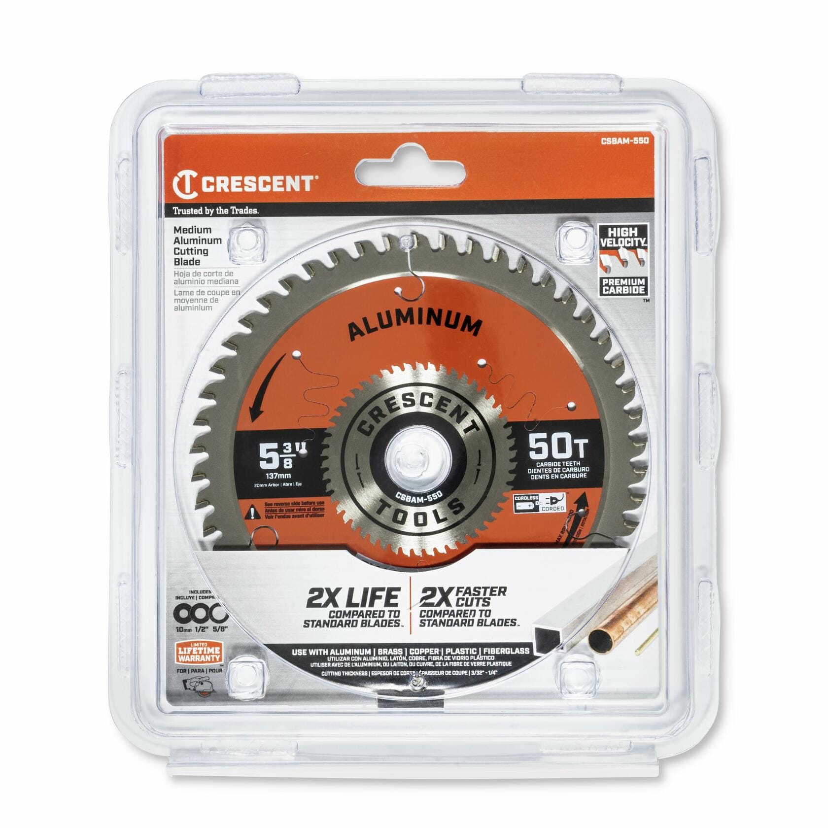 The Crescent 5-3/8 inch aluminum cutting blade shown in its clear retail packaging.