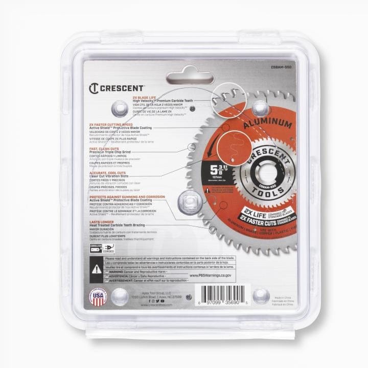 The back of the retail packaging for the Crescent aluminum cutting blade, with feature callouts and specifications.