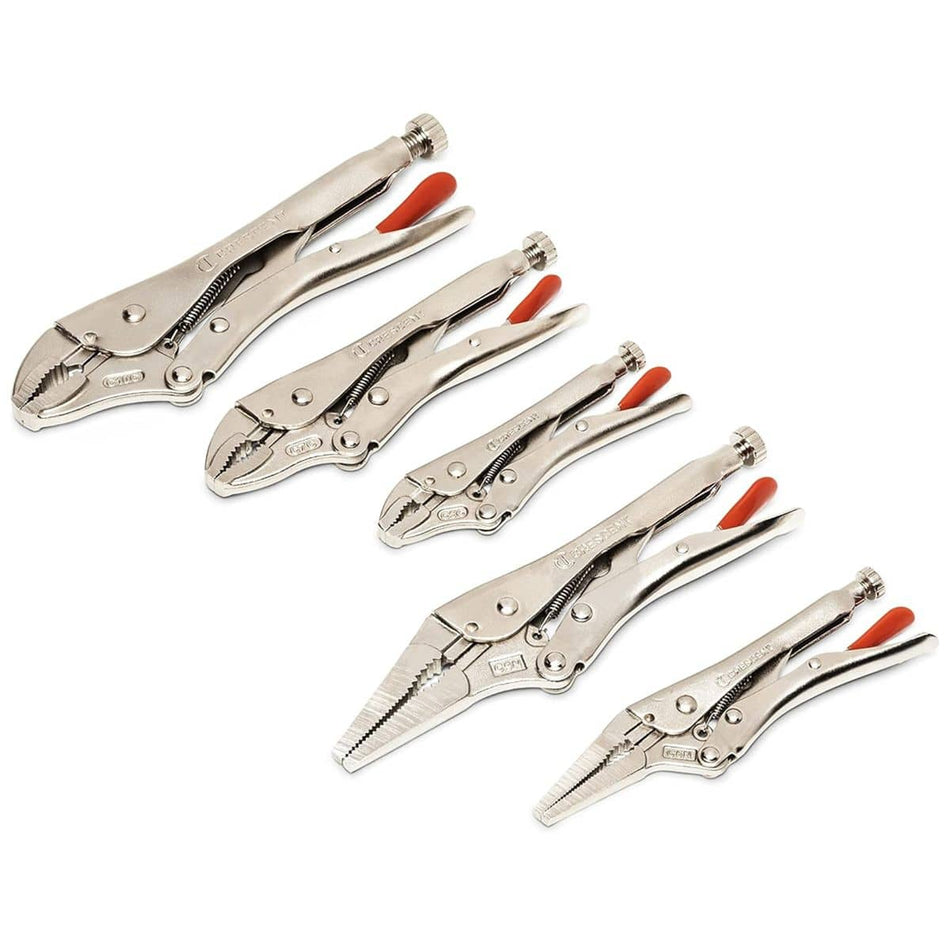 Studio lineup of the five assorted Crescent locking pliers, including curved jaw and long nose types, with red cushion grip releases
