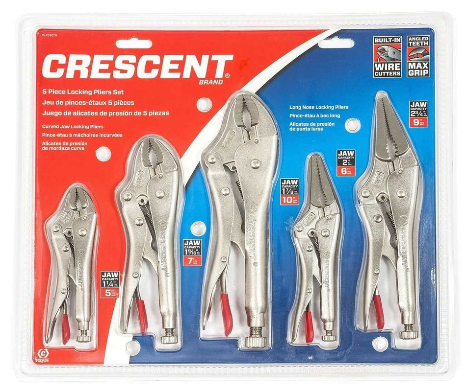 Retail packaging for the Crescent 5-piece locking pliers set, showing the assortment of curved jaw and long nose pliers with red cushion grip releases