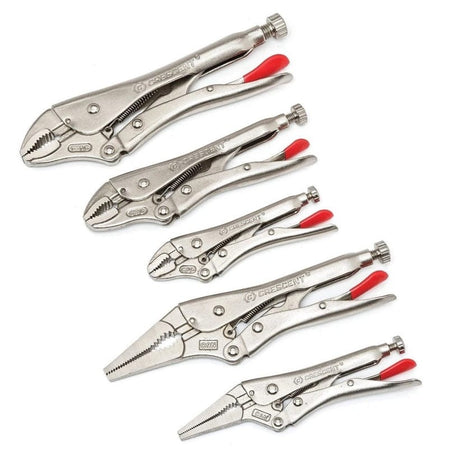 Studio lineup of the five assorted Crescent locking pliers, including curved jaw and long nose types, with red cushion grip releases