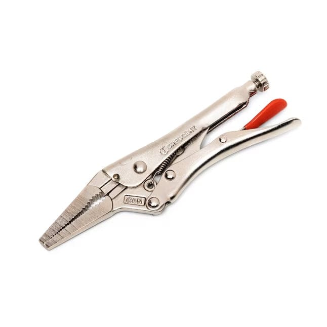 Studio view of the Crescent 6-inch long nose locking plier, highlighting the nickel-plated finish and the red cushion grip release lever