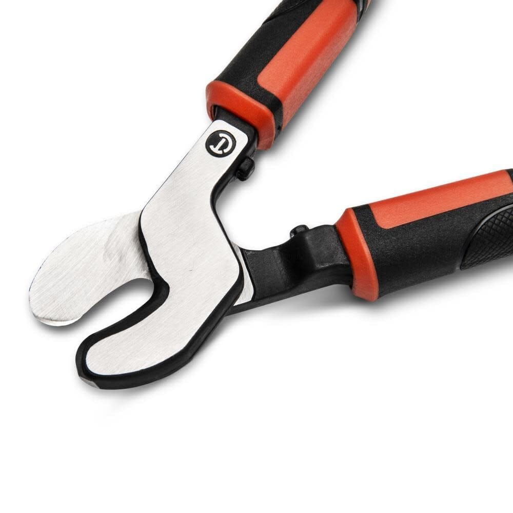 A close-up detail shot of the Crescent CT0690ECC cable cutter blades in an open position, demonstrating the specialized curved blade design for clean copper and aluminum wire cutting.