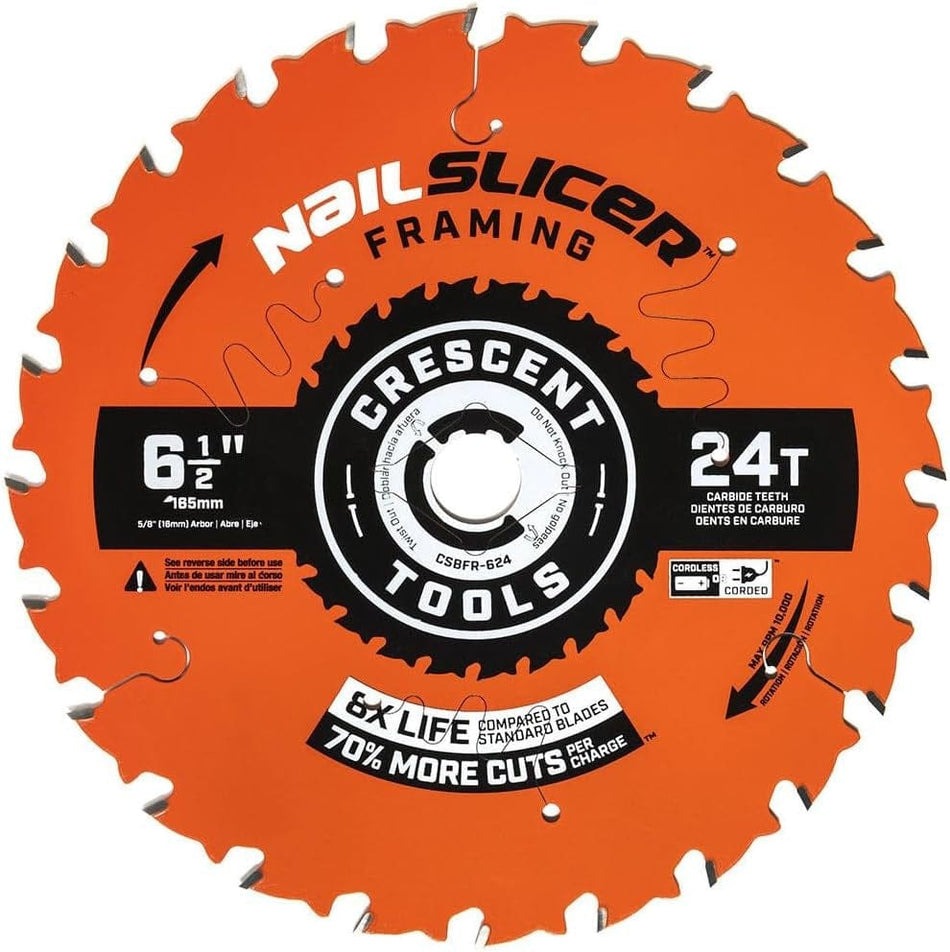A direct studio shot of the Crescent NailSlicer 6-1/2 inch 24-tooth framing circular saw blade featuring an orange Active Shield coating and high-impact carbide teeth designed for 8X life in nail-embedded wood.