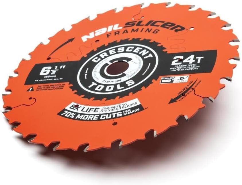 An angled perspective of the Crescent NailSlicer circular saw blade showcasing the thin kerf design and laser-cut expansion slots that deliver 70 percent more cuts per charge for cordless tools.