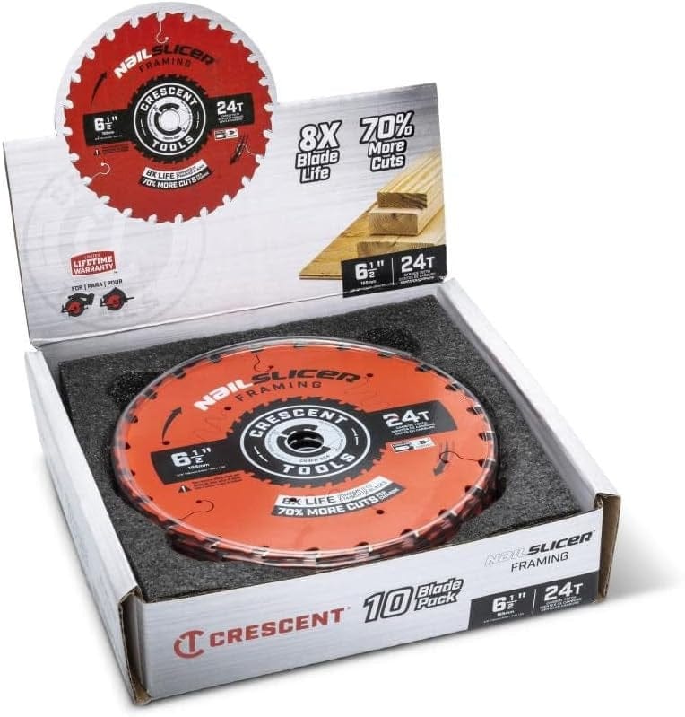 The professional 10-pack bulk display box for the Crescent NailSlicer 6-1/2 inch framing blades, highlighting key performance metrics including 8X blade life and 70 percent more cuts per charge.