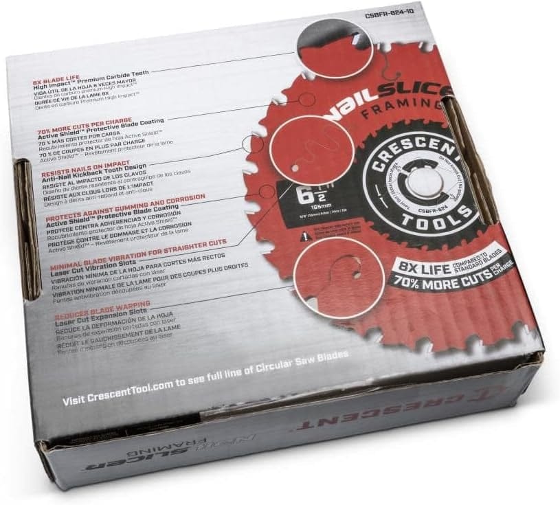 A detailed view of the Crescent 10-pack circular saw blade packaging featuring a summary of technical features like laser-cut vibration slots for straighter cuts and protection against gumming and corrosion.