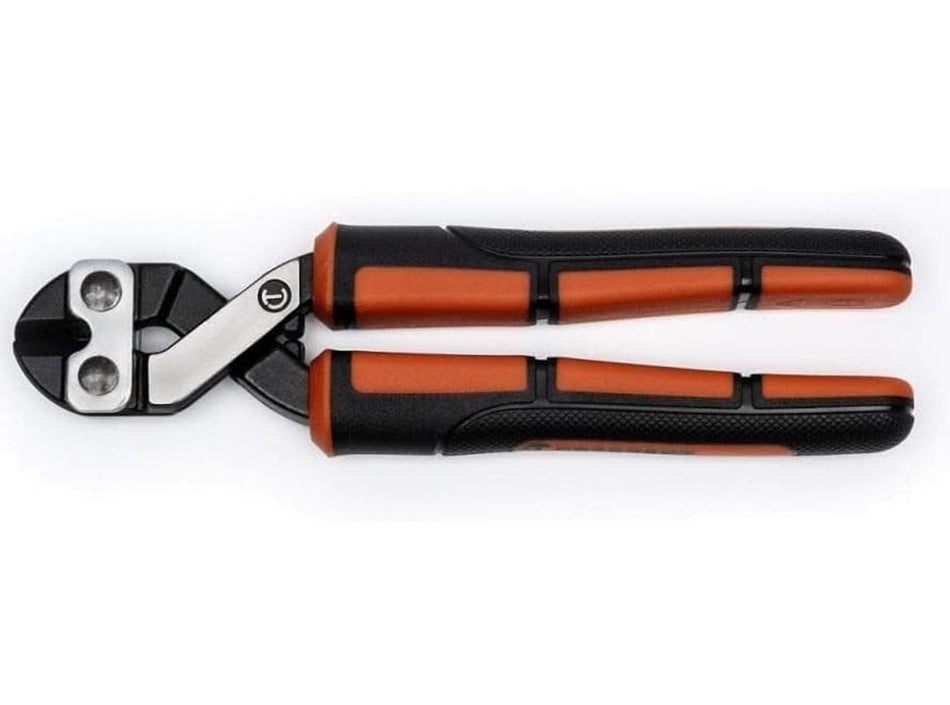 A studio shot of the Crescent 6.5-inch compact wire and bolt cutter in a closed position, showcasing the black and rawhide ergonomic non-slip grips and the high-leverage pivot design.
