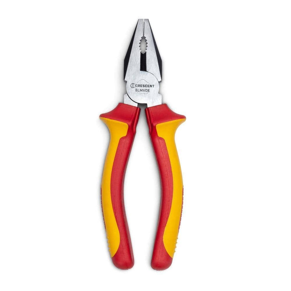 A professional product photograph of the Crescent 6LMVDE 6-inch VDE insulated lineman's pliers featuring red and yellow high-visibility insulated handles and polished alloy steel jaws.