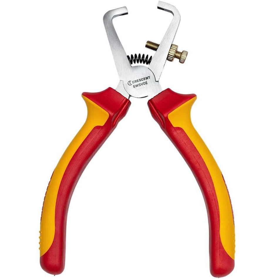 A professional product photograph of the Crescent 6WSVDE 6-inch VDE insulated wire stripper pliers featuring red and yellow high-visibility insulated handles and a polished alloy steel head with an adjustable brass screw mechanism.