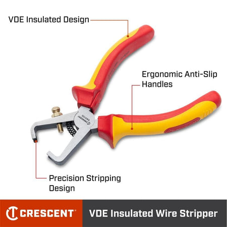 An informational product graphic for the Crescent VDE insulated wire stripper highlighting the 1000V rated insulated design, ergonomic anti-slip handles, and a specialized precision stripping design for electrical work.