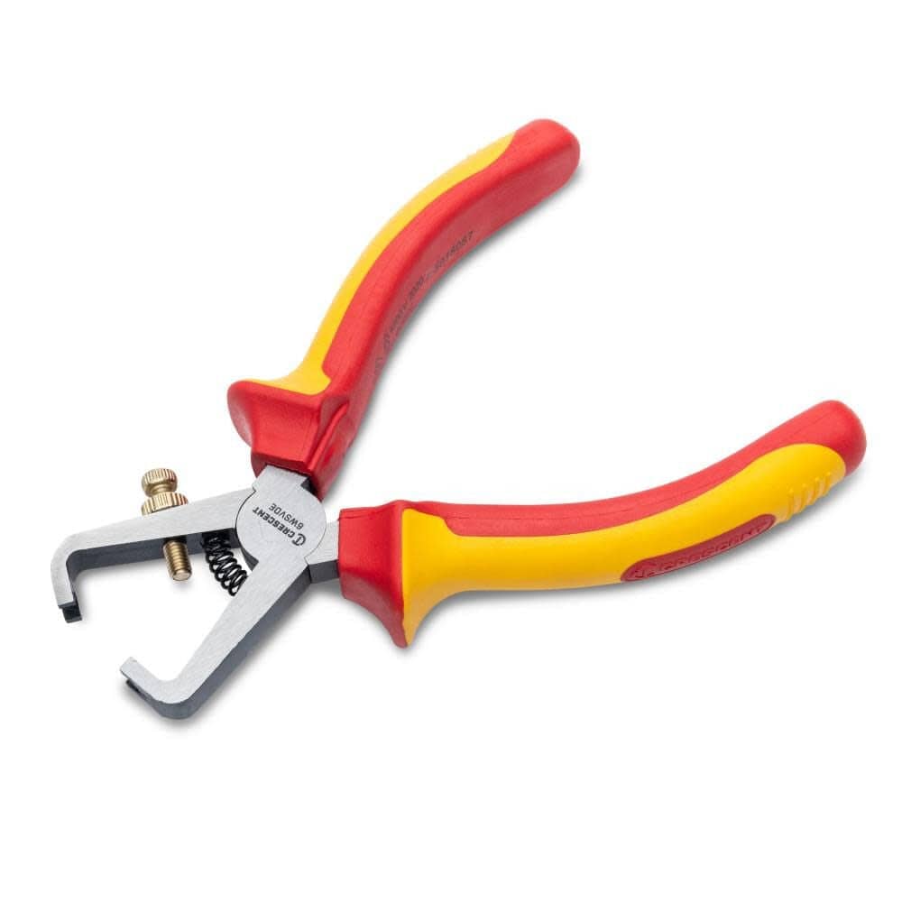 A perspective studio shot of the Crescent 6-inch insulated wire stripper pliers showcasing the spring-loaded jaw and the adjustable stripping mechanism designed for professional electrician use.