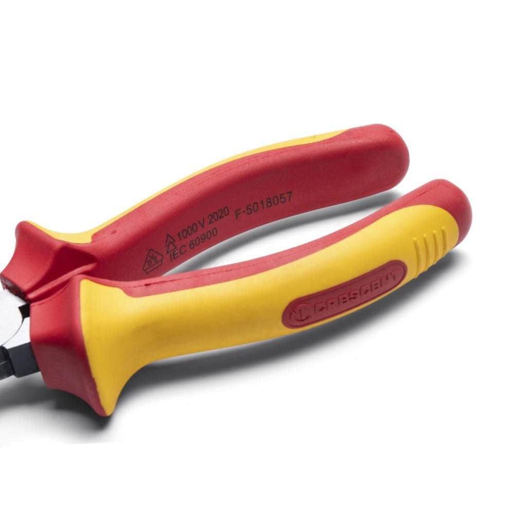 A detailed close-up of the interior handle on the Crescent 6WSVDE pliers, showing the official VDE 1000V certification and IEC 60900 safety stamps for working in high-voltage areas.