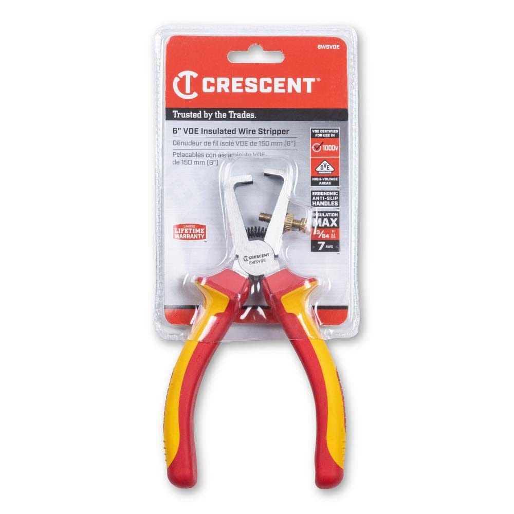 A professional retail packaging shot of the Crescent 6WSVDE insulated wire stripper detailing its 1000V rating, 7 AWG maximum capacity, and a limited lifetime warranty for professional tradespeople.