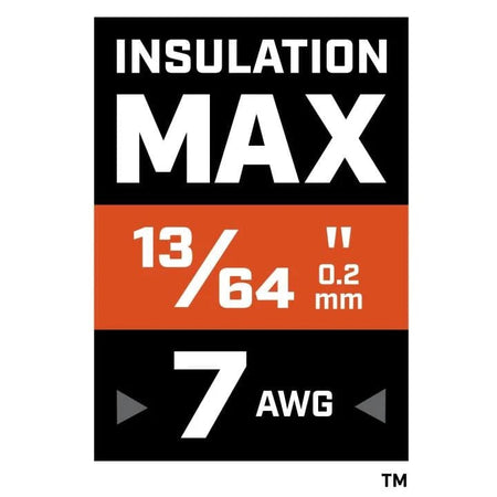 An informational graphic for the Crescent wire stripper specifying technical capacities including a 13/64 inch (5.2 mm) maximum insulation diameter and a 7 AWG maximum wire stripping size.