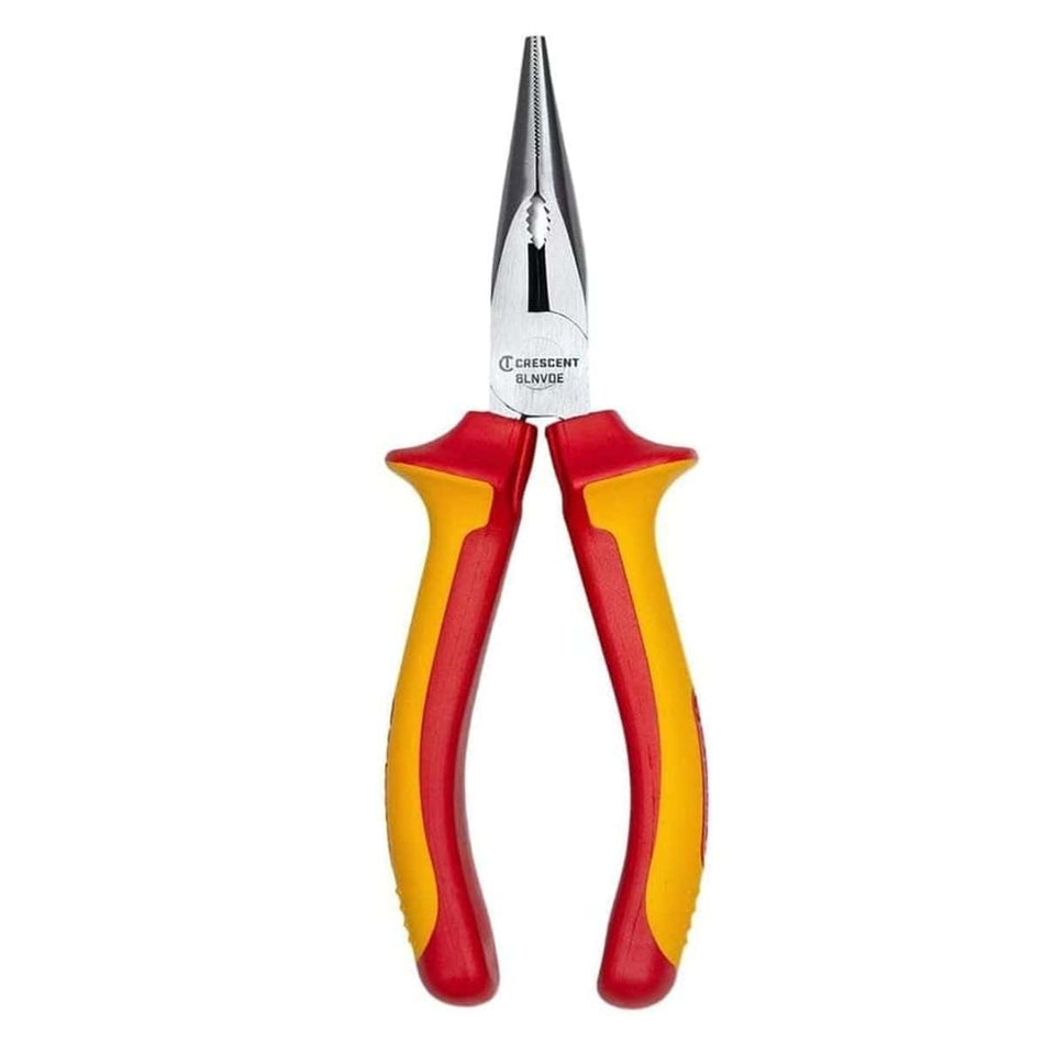 Studio view of the Crescent 6-inch VDE insulated long nose pliers featuring polished steel jaws and red and yellow safety handles against a white background.