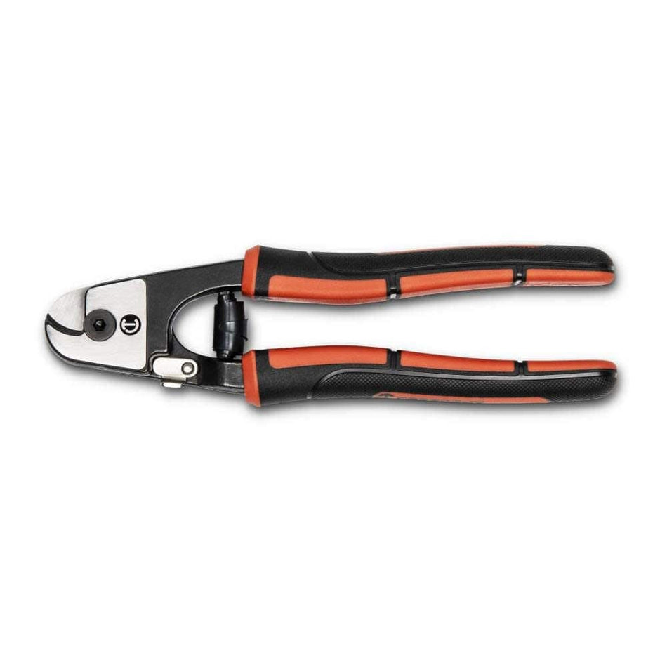 A studio product shot of the Crescent 7-1/2 inch pocket wire rope and cable cutter against a white background, featuring a heavy-duty steel head and black and orange ergonomic non-slip grip handles.