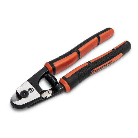 An angled studio view of the Crescent 7.5-inch pocket wire rope cutter, emphasizing the compact design and textured handle grips with the Crescent brand logo.