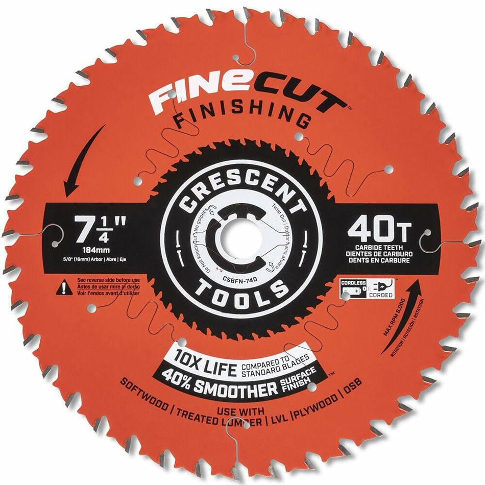 Front of the orange Crescent 7-1/4 inch FineCut finishing saw blade, detailing the 40-tooth design and specifications for cutting softwood, plywood, and treated lumber.