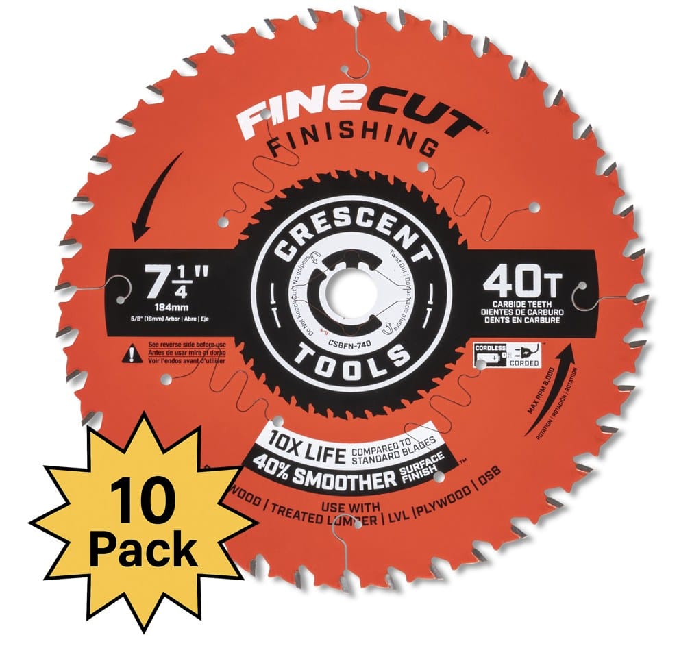 Front view of the Crescent FineCut 7-1/4 inch 40-tooth circular saw blade with a large graphic indicating it is a 10-pack of finishing blades.