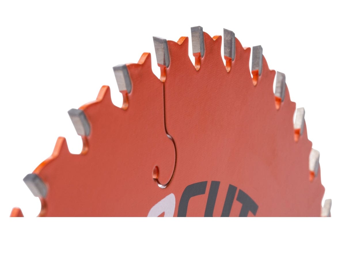 Close-up of the premium precision carbide teeth on the Crescent FineCut 7-1/4 inch circular saw blade, designed to provide a 40 percent smoother surface finish on wood.