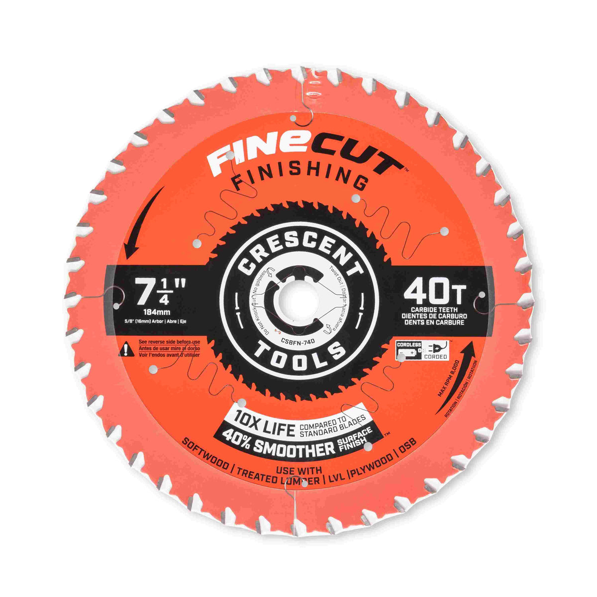 Flat view of a single Crescent FineCut 7-1/4 inch 40-tooth carbide circular saw blade displaying the ActiveShield non-stick orange coating and 5/8-inch arbor hole.