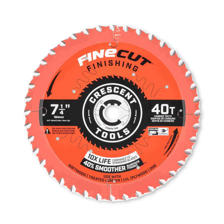 Flat view of a single Crescent FineCut 7-1/4 inch 40-tooth carbide circular saw blade displaying the ActiveShield non-stick orange coating and 5/8-inch arbor hole.