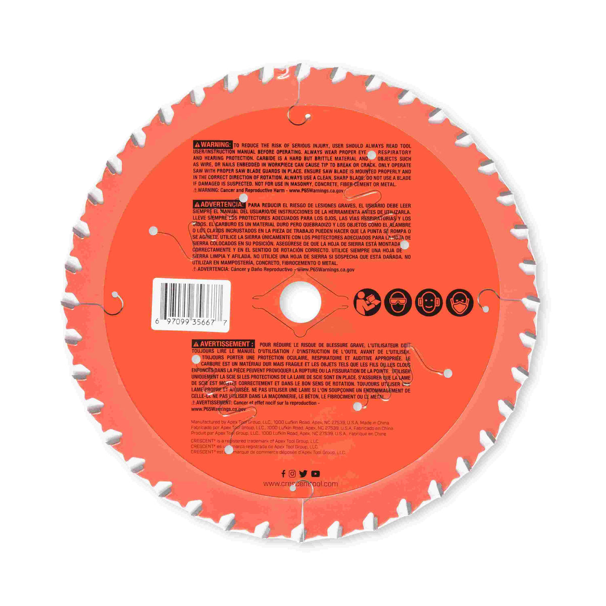 Back side of the Crescent FineCut 7-1/4 inch circular saw blade showing safety warnings, operational instructions, and the UPC barcode.