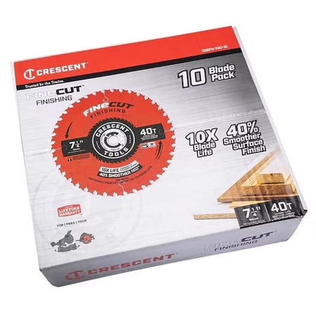 Retail box packaging for the Crescent FineCut 7-1/4 inch 40-tooth finishing circular saw blades, indicating a convenient 10-blade bulk pack.