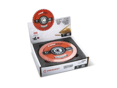 Open display box of the 10-pack Crescent FineCut 7-1/4 inch 40-tooth circular saw blades, showing the stacked blades securely nested inside the protective packaging.
