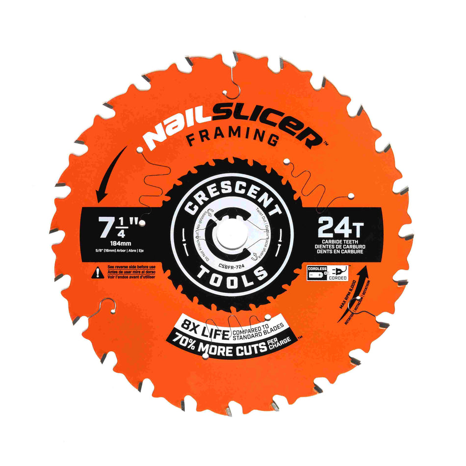 Image of Crescent 7-1/4" x 24T NailSlicer™ Framing Circular Saw Blade. The image shows an orange Crescent NailSlicer Framing circular saw blade. The blade has the text "NailSlicer Framing" and "Crescent Tools" printed on it, along with specifications like "7 1/4" and "24T."
