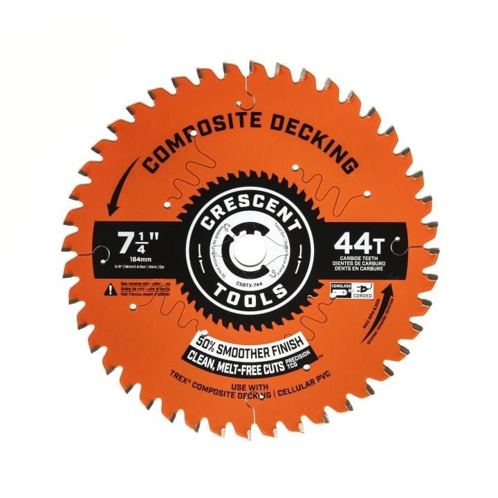 Orange Crescent Tools saw blade with 44 carbide-tipped teeth. Text specifies “7 1/4 inches (184mm)” diameter and “5/8 inch” arbor. Marketing claims include “50% Smoother Finish” and “Clean, Melt-Free Cuts.” Designed for Trex composite decking and cellular PVC.