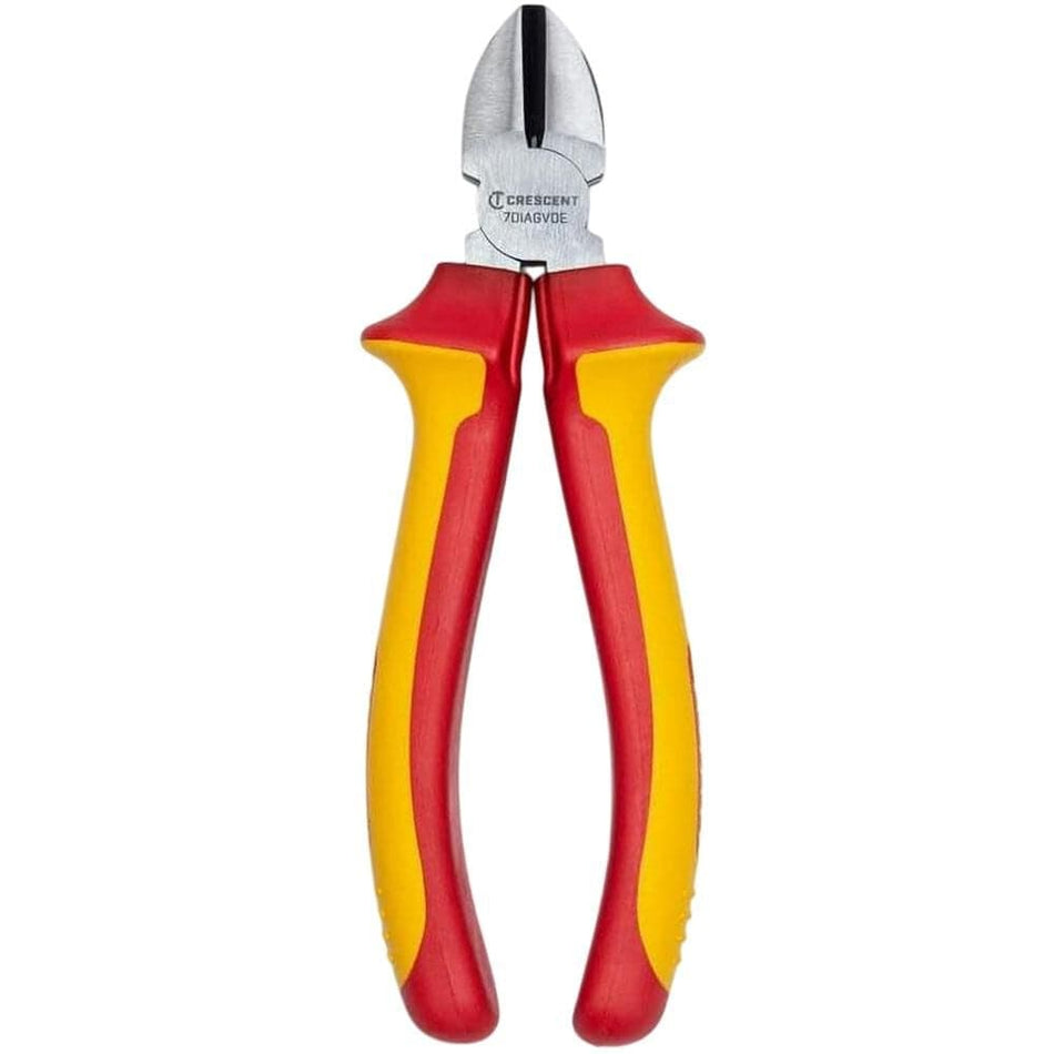 A professional product photograph of the Crescent 7DIAGVDE 7-inch VDE insulated diagonal cutting pliers featuring high-visibility red and yellow insulated handles and polished alloy steel side-cutting jaws.