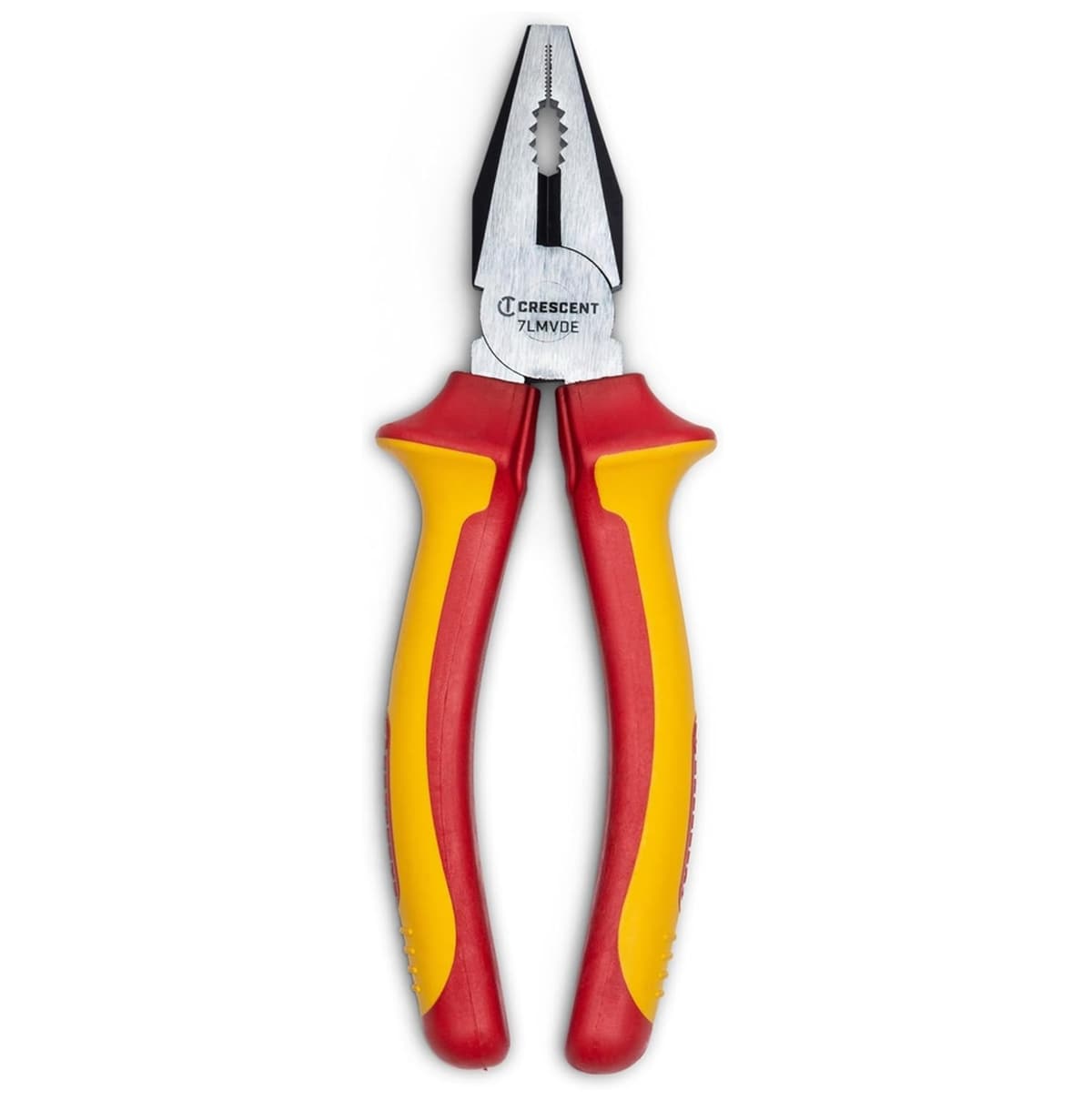 Front profile view of the Crescent 7LMVDE 7-inch VDE insulated lineman’s pliers featuring red and yellow ergonomic handles and a high-strength polished steel head for electrical work.