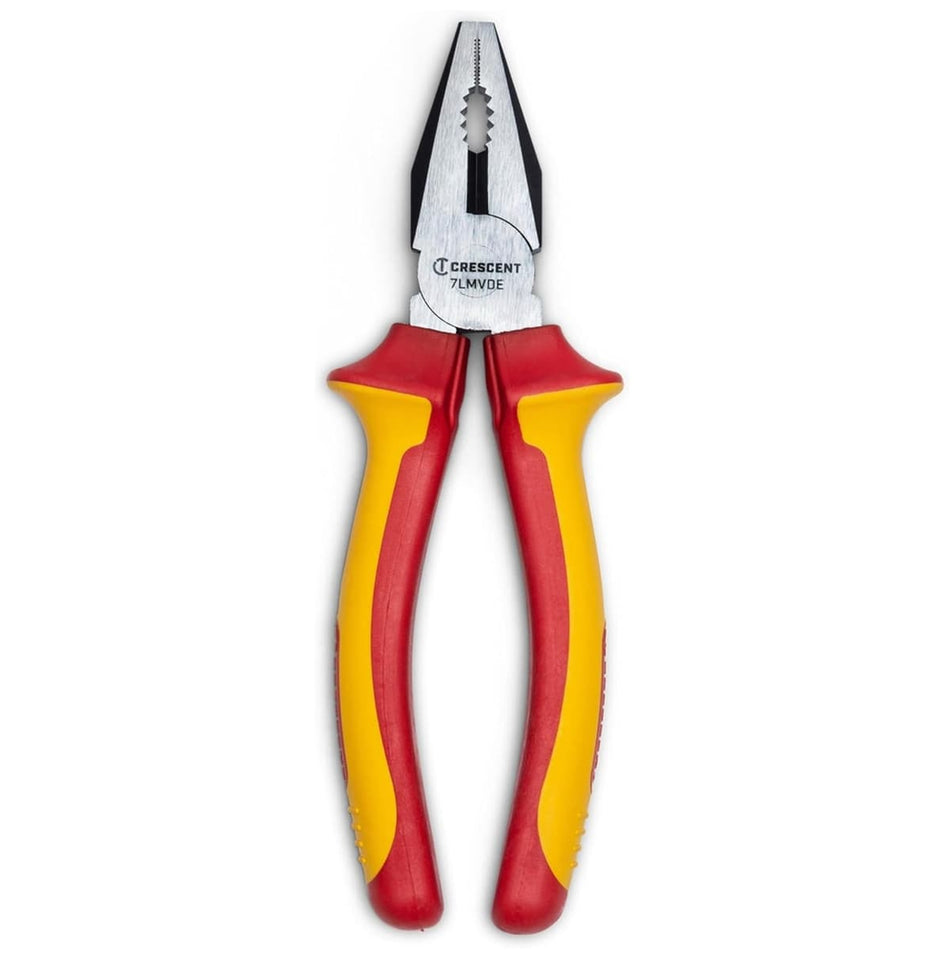 Front profile view of the Crescent 7LMVDE 7-inch VDE insulated lineman’s pliers featuring red and yellow ergonomic handles and a high-strength polished steel head for electrical work.