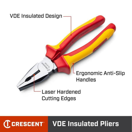 Infographic detailing the key features of the Crescent VDE insulated pliers, highlighting the laser-hardened cutting edges, ergonomic anti-slip handles, and safety-certified VDE insulated design.