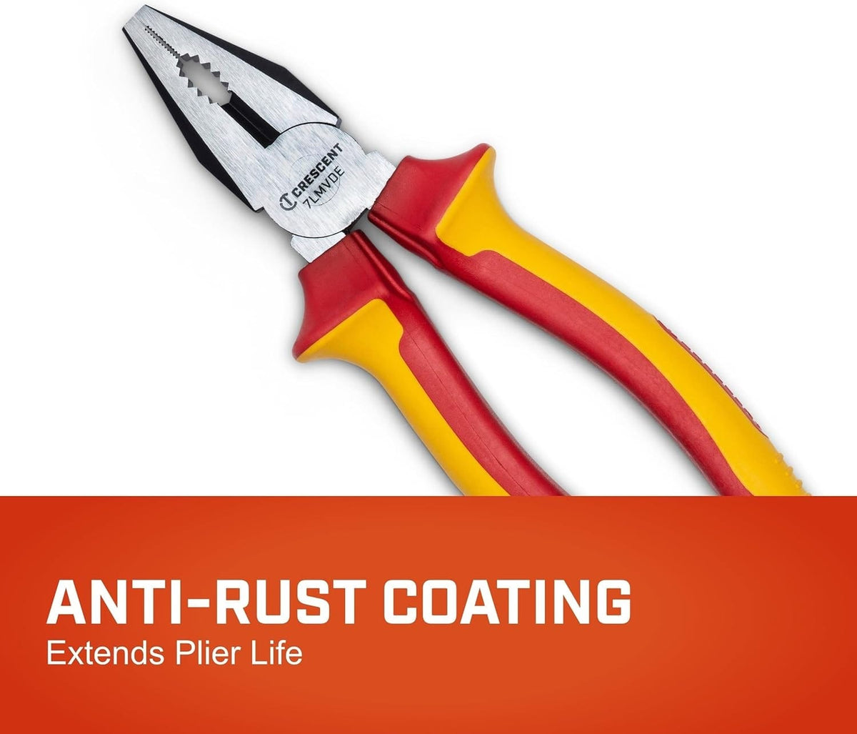 Feature highlight graphic for the Crescent insulated pliers showcasing the specialized anti-rust coating that extends the tool's life and preserves the cutting edge.