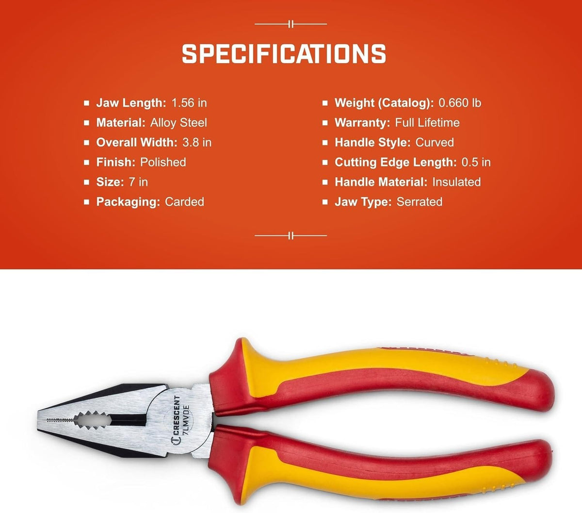 Additional specifications infographic for the Crescent VDE pliers detailing the serrated jaw type, curved handle style, and carded retail packaging format.