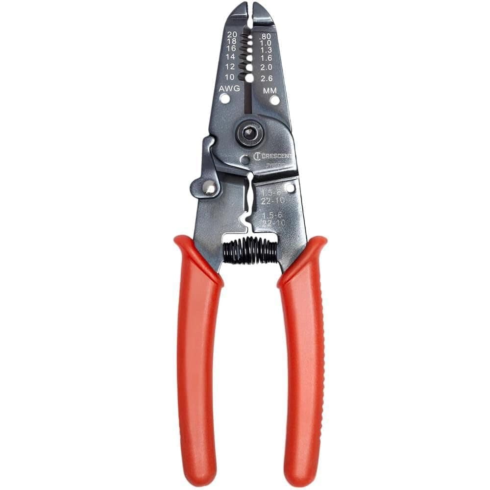Product view of the Crescent 7WSDG 7-inch professional wire stripper pliers featuring precision stripping notches for 10-20 AWG wire, an integrated wire cutter, and ergonomic red plastic-dipped handles for a secure grip.