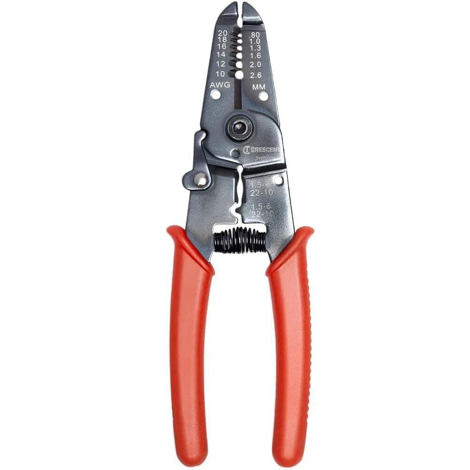 Product view of the Crescent 7WSDG 7-inch professional wire stripper pliers featuring precision stripping notches for 10-20 AWG wire, an integrated wire cutter, and ergonomic red plastic-dipped handles for a secure grip.
