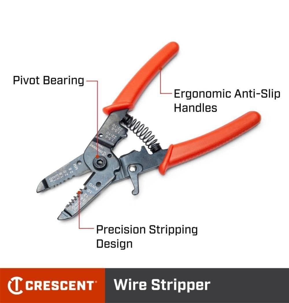 Infographic highlighting the key features of the Crescent wire stripper including the specialized pivot bearing for smooth operation, ergonomic anti-slip handles, and a precision stripping design optimized for electrical tasks.