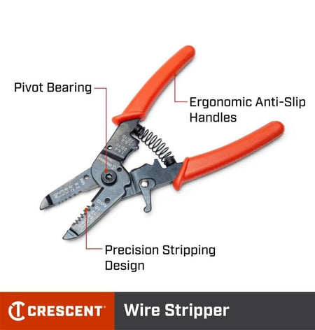 Infographic highlighting the key features of the Crescent wire stripper including the specialized pivot bearing for smooth operation, ergonomic anti-slip handles, and a precision stripping design optimized for electrical tasks.