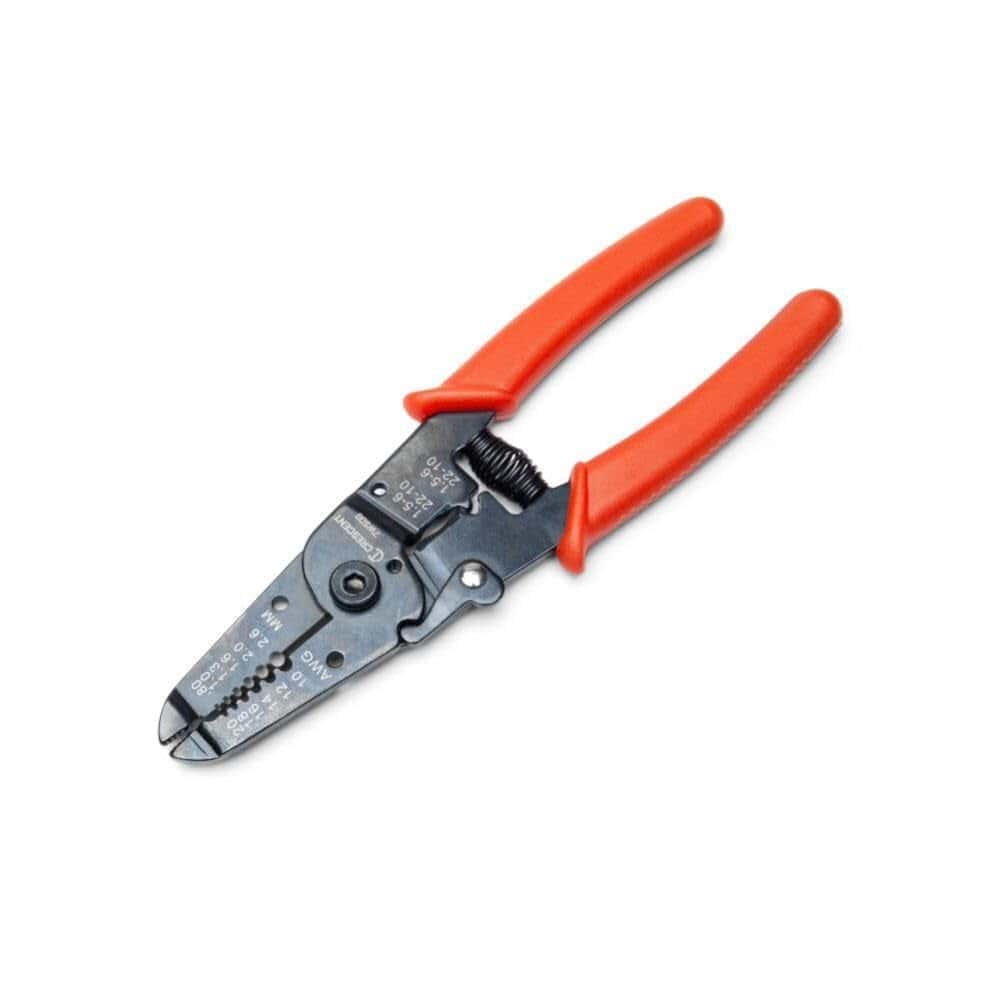 Angled view of the Crescent 7-inch wire stripping pliers in a closed position, showcasing the durable alloy steel construction and the clearly labeled AWG and metric stripping scales.