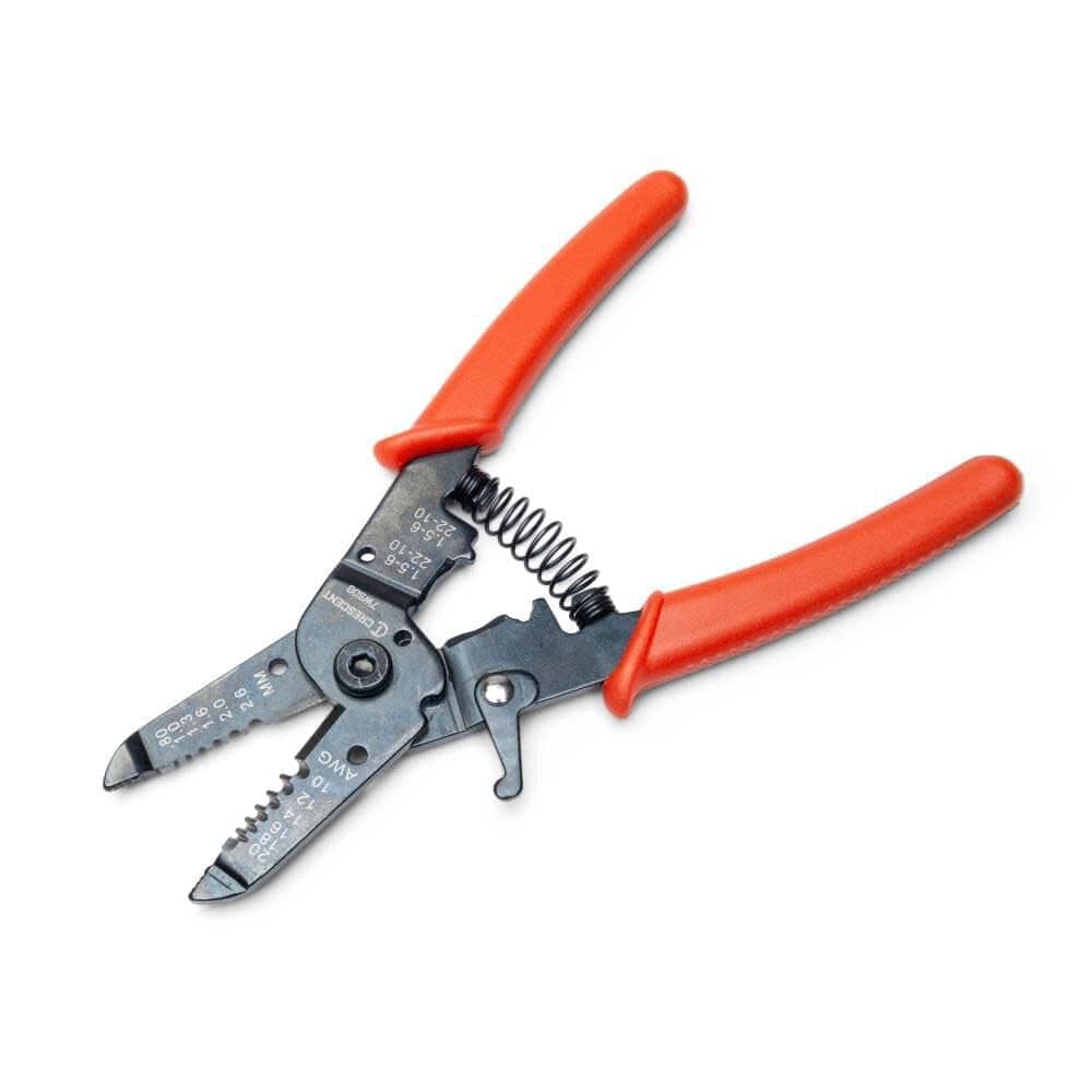 Close-up of the 7WSDG pliers in an open position showing the heavy-duty return spring, locking latch, and the various precision-ground stripping holes for professional electrical insulation removal.